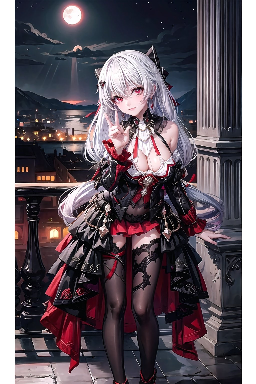 (((extremely detailed CG))),  ((high resolution)),  (masterpiece),  best quality, hyper detailed, full body,cowboy shot,depth_of_field,  cinemaitic lighting

dayuexia,1girl, solo,red eyes, long hair, twintails, large breasts, cleavage,bangs, looking at viewer, thighhighs, black dress, closed mouth, white hair, long sleeves, hair ornament, flower, hair between eyes, smile, black footwear

(leaning forward:1.1)

castle,balcony,night,(moonlit night:1.2)

