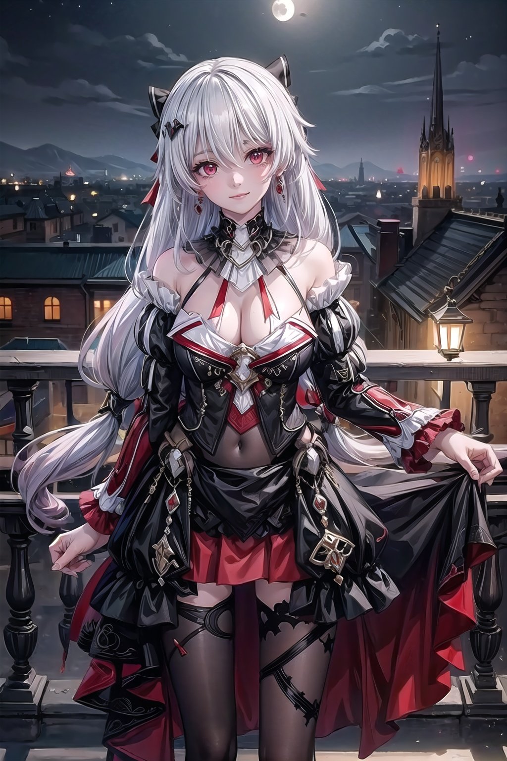 (((extremely detailed CG))),  ((high resolution)),  (masterpiece),  best quality, hyper detailed, full body,cowboy shot,depth_of_field,  cinemaitic lighting

dayuexia,1girl, solo,red eyes, long hair, twintails, large breasts, cleavage,bangs, looking at viewer, thighhighs, black dress, closed mouth, white hair, long sleeves, hair ornament, flower, hair between eyes, smile, black footwear

(skirt lift :1.1)

castle,balcony,night,(moonlit night:1.2)

