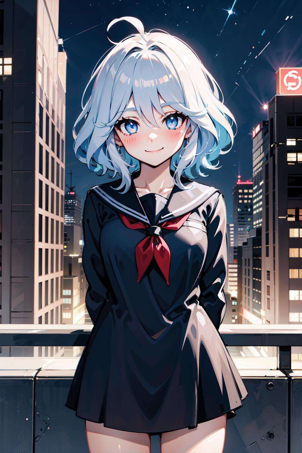 <lora:focal-12:0.7>, 1girl, blue hair, blue eyes, bangs, school uniform, serafuku, red_neckerchief, cityscape, city lights,  arms behind back,  smile, blush <lyco:GoodHands-beta2:1>