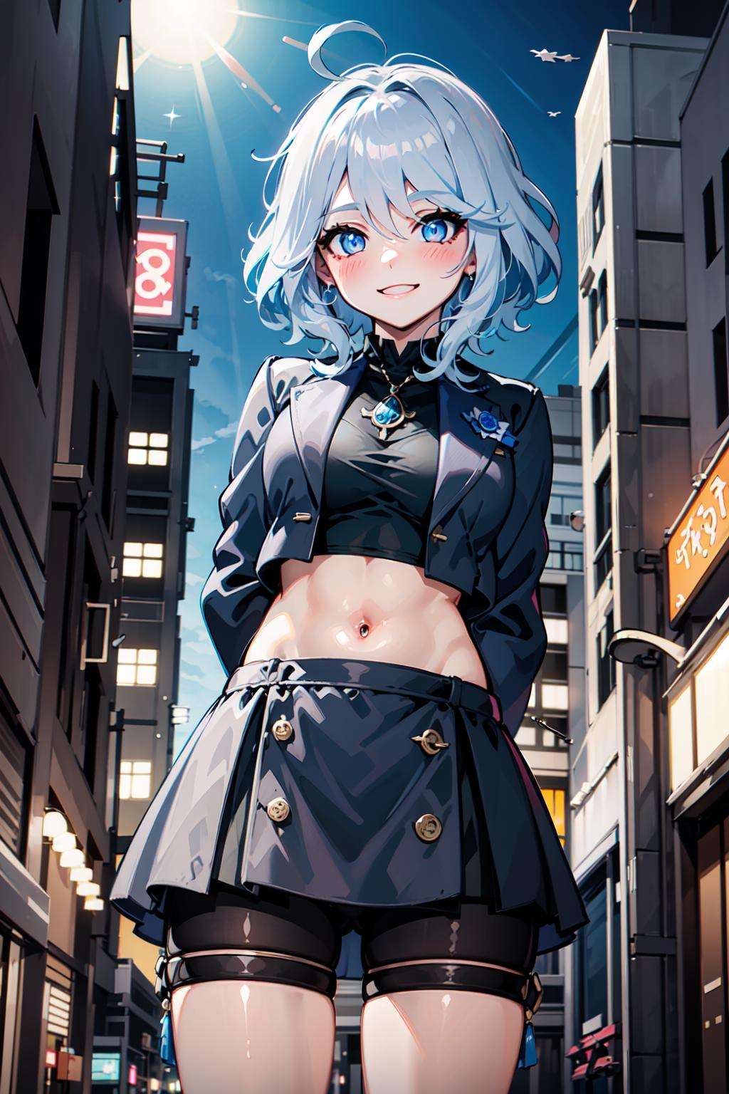 <lora:focal-12:0.7>, 1girl, blue hair, blue eyes, bangs, cropped jacket,  miniskirt, crop top, from below, cityscape, city lights,  arms behind back,  smile, blush <lyco:GoodHands-beta2:1>