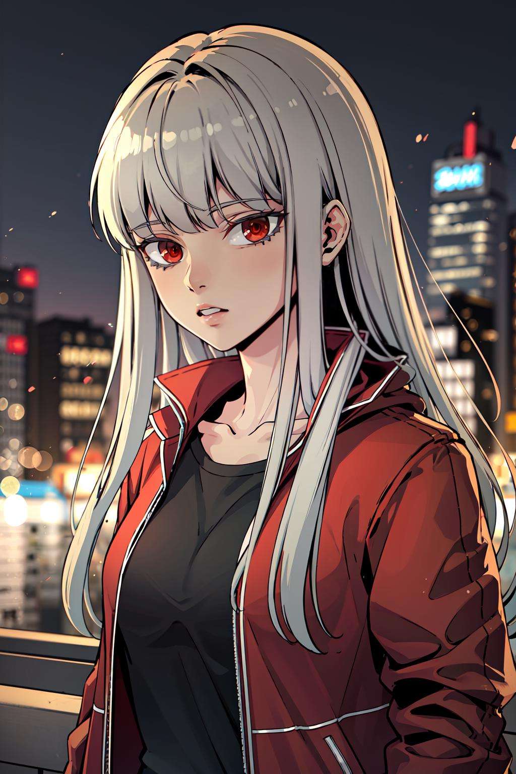 1girl, solo, silver hair, red eyes, bangs, black shirt, red jacket, open jacket, upper body, face focused,  focus, depth of field, bokeh, cityscape,  background, 