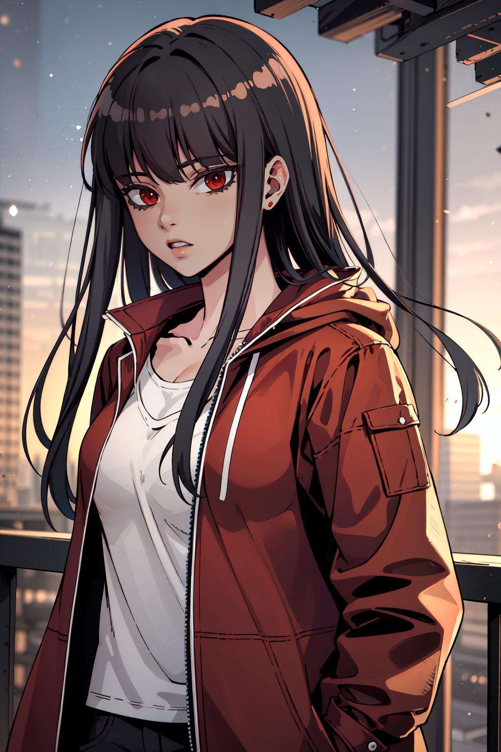 1girl, solo, black hair, red eyes, bangs, black shirt, red jacket, open jacket, upper body, face focused,  focus, depth of field, bokeh, cityscape,  background, 