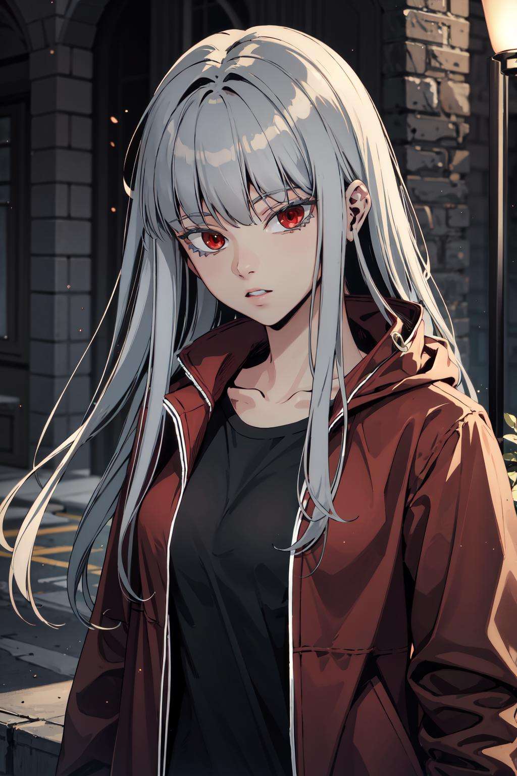 1girl, solo, silver hair, red eyes, bangs, red jacket, black shirt, open jacket <lora:ehwa:0.8>, upper body, focus, 