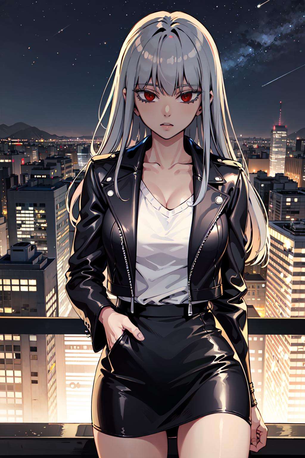 <lora:ehwa:0.8>, 1girl, solo, silver hair, red eyes, bangs, leather jacket, tight skirt, facing viewercityscape, citylights, night sky,  <lyco:GoodHands-beta2:1>