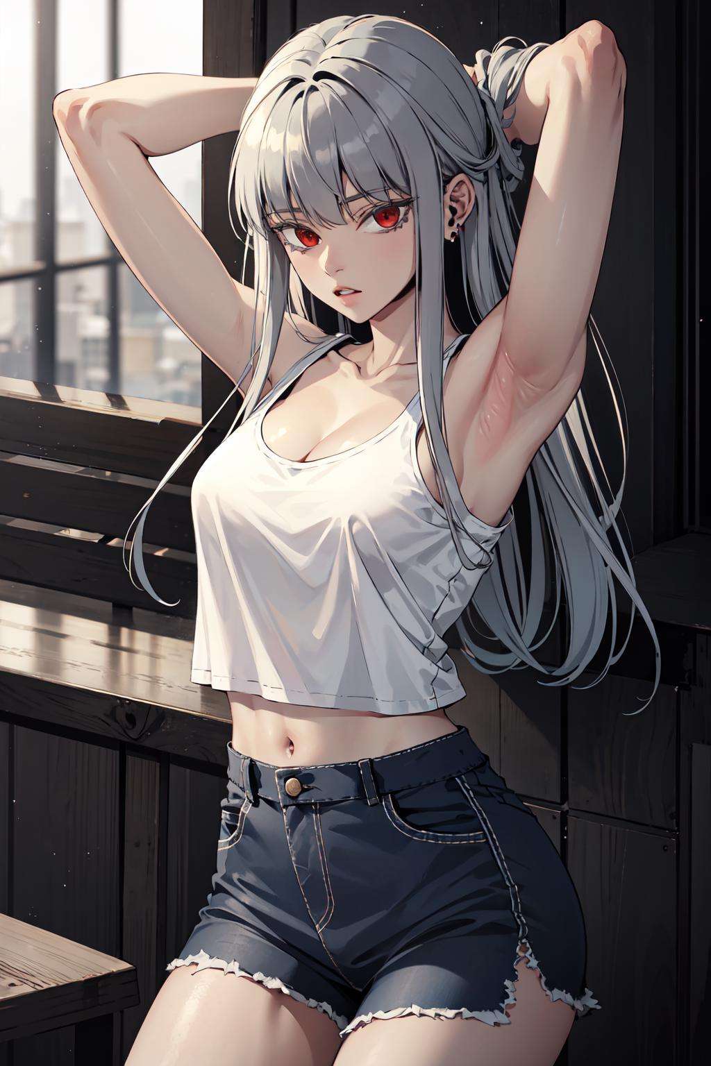 <lora:ehwa:0.8>, 1girl, solo, silver hair, red eyes, bangs, tank top, blue skirt, arms up, arms behind head, perfect_ears