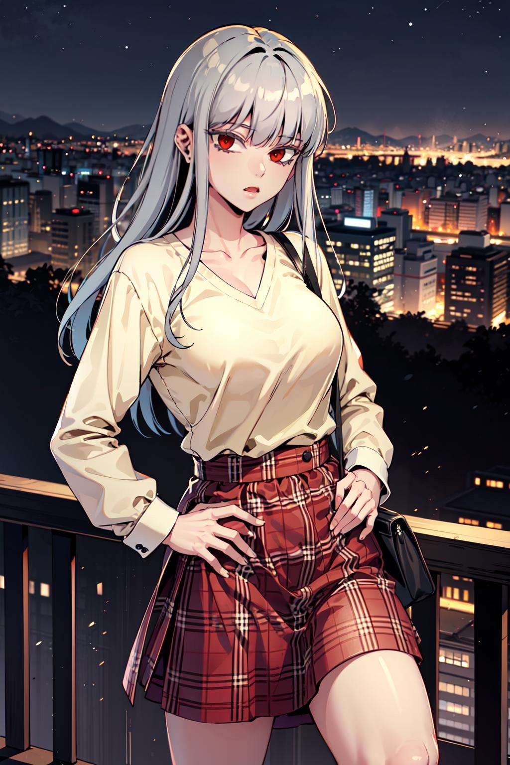 <lora:ehwa:0.8>, 1girl, solo, silver hair, red eyes, bangs, cream shirt, plaid skirt, hand on hip, cityscape, citylights, night sky, 