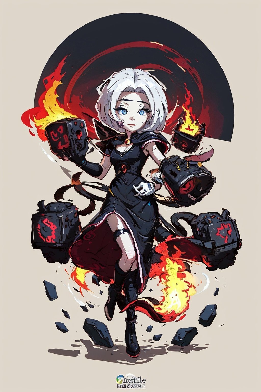 (masterpiece, best quality:1.5)<lora:EpicLogo-000008:0.8>, EpicLogo, ((A Woman)), Perfect Finger, ((Beautiful Face, Perfect Face)), Short White Hair, Mechanic Suit, cleavage, ((purple clothes transparent long two-tailed dress)), black long stockings, black fingerless gloves, black military-style high-heeled boots, fire around, rocks, ruins, ((white and blue eyes)), 