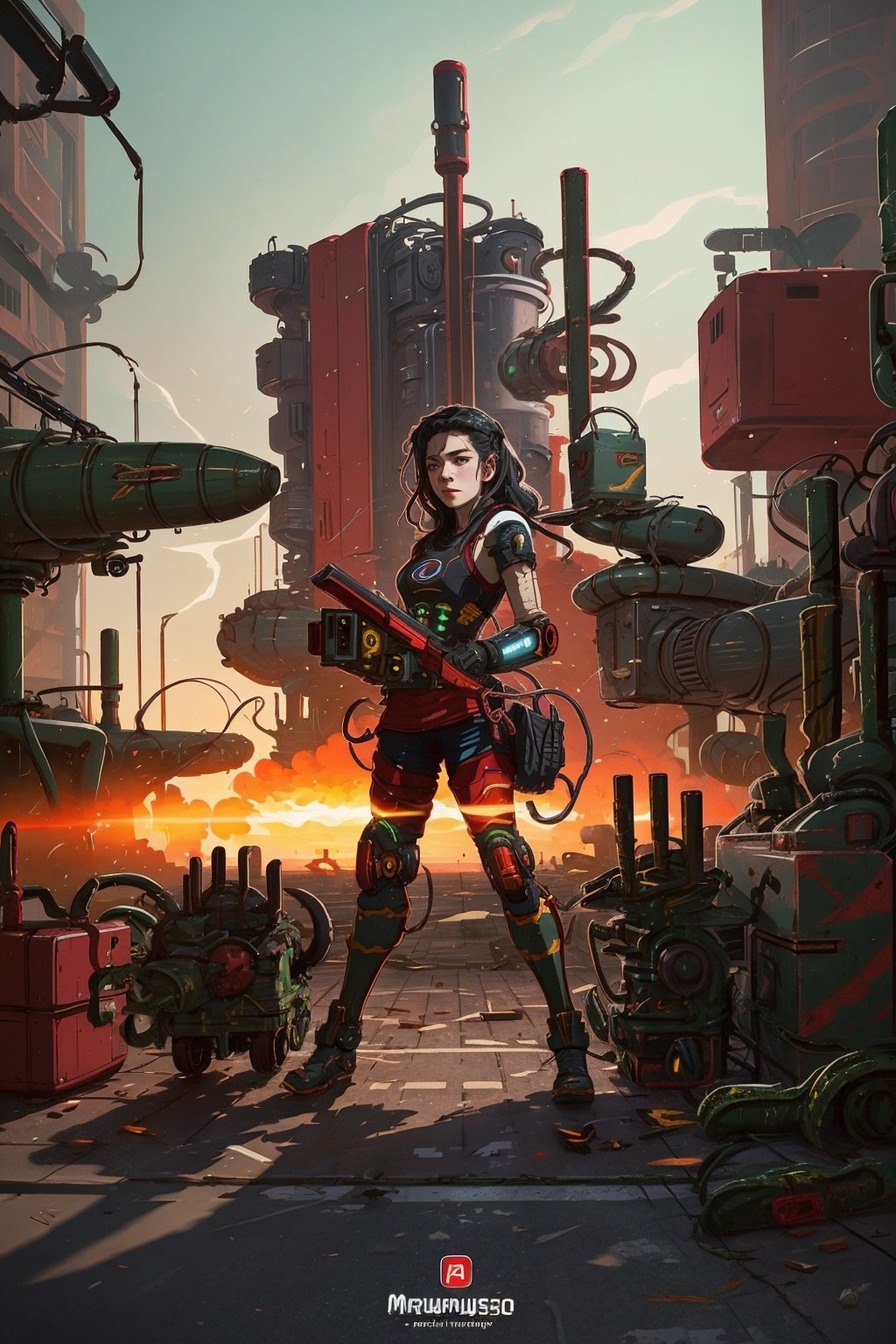 (masterpiece, best quality:1.5)<lora:EpicLogo-000008:0.8>, EpicLogo, a woman standing in front of a giant robot with a gun, cyberpunk art by Russell Dongjun Lu, Artstation contest winner, fantasy art, wojtek fus, mecha asthetic, anime mecha aesthetic, artwork in the style of guweiz, alena aenami and android jones, cgsociety and fenghua zhong, 