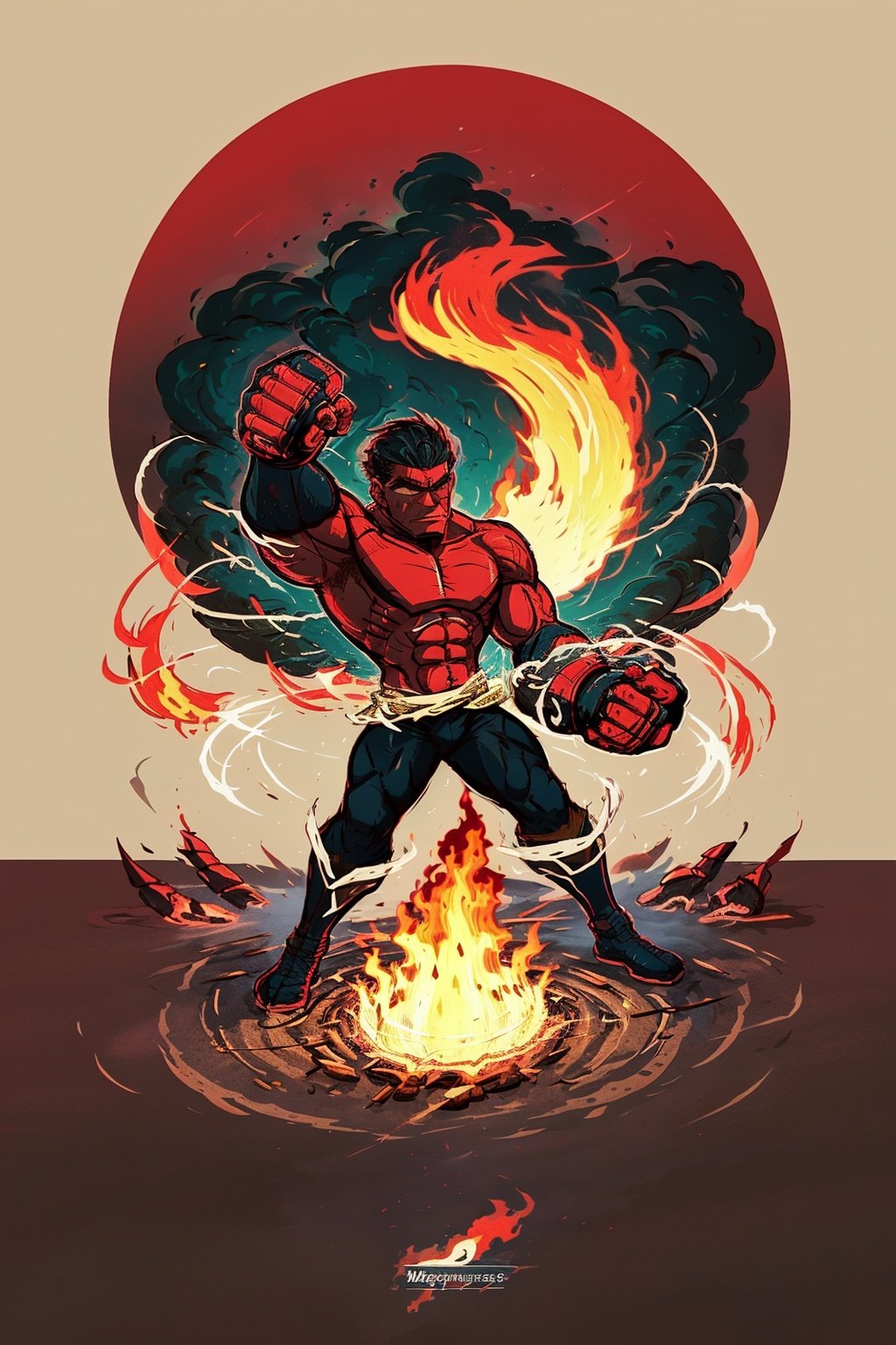 (masterpiece, best quality:1.5)<lora:EpicLogo-000008:0.8>, EpicLogo, Craft an image in an anime fantasy world style, depicting a lithe, muscular man with his fist ablaze in magical fire. Surround the burning fist with swirling black smoke, 