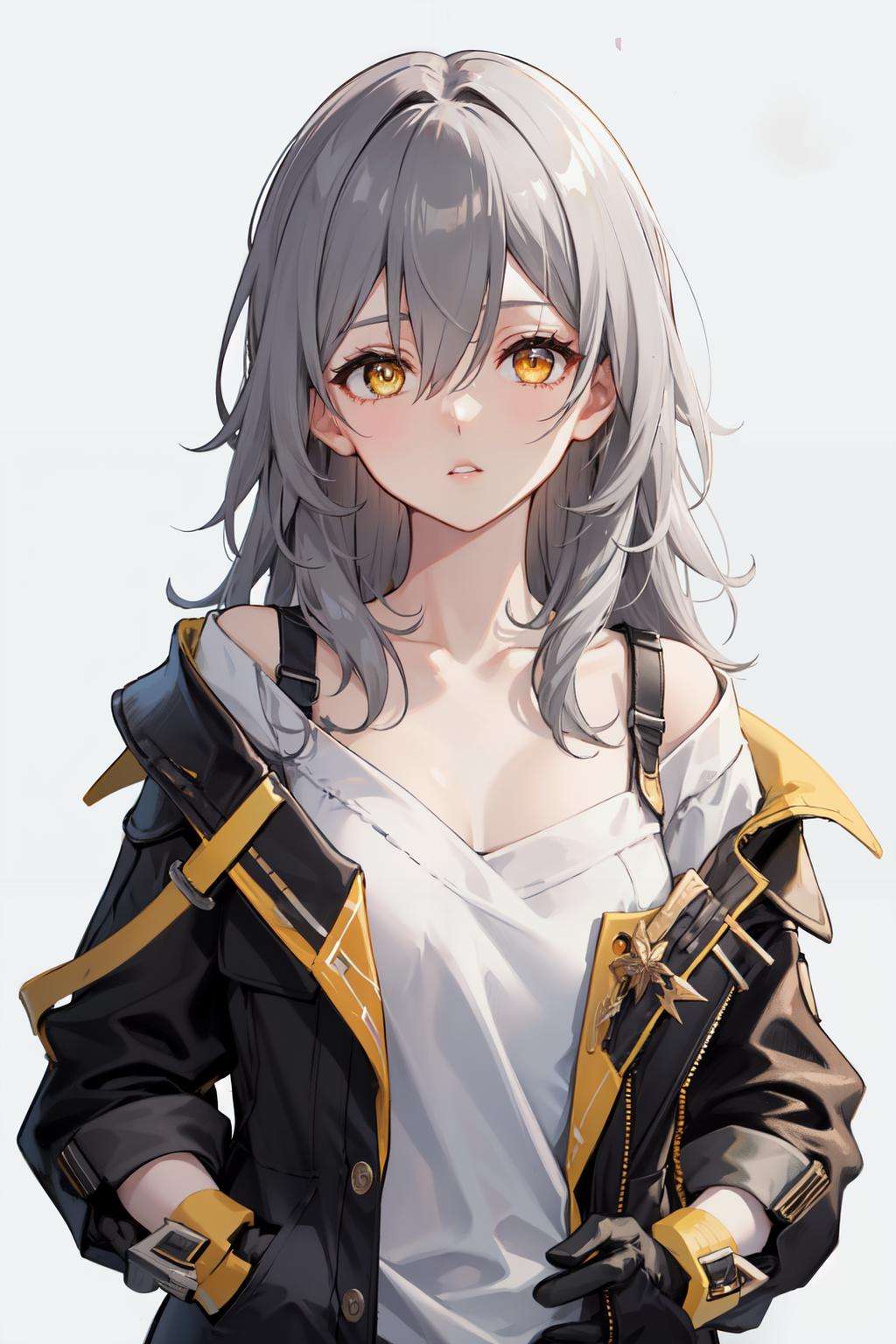 <lora:stelle_hsr:1>stelle hsr, collarbone, solo, yellow eyes, bra strap, jacket, looking at viewer, simple background, black gloves, open jacket,  long hair, white shirt, parted lips, open clothes, gloves, hair between eyes, white background, hand in pocket, 1girl, black jacket, grey hair, upper body, off shoulder