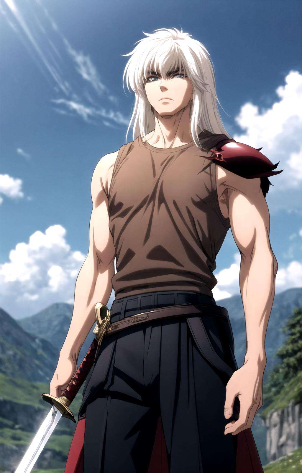 masterpiece, best quality, best aesthetic, anime, ultra detailed,dark schneider, long white hair, 1boy, muscular male, solo, armor, shoulder armor, sky, serious, cloud, belt, black pants, (brown shirt, sleeveless shirt:1.2), day, electricity, (aura:1.1), looking at viewer, cowboy shot, standing, arms at sides, outdoors, mountainous horizon, (holding weapon, wielding sword:1.2), (sword:1.2), <lora:dark_schneider_BASTRAD!!:0.8:1:lbw=OUTALL>, <lora:more_details:0.4>