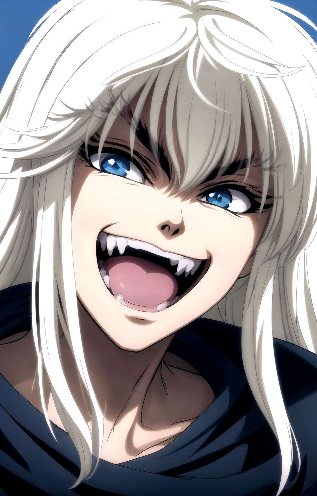 masterpiece, best quality, best aesthetic, anime, ultra detailed, dark schneider, 1boy, solo, close-up, open mouth, laughing, looking at viewer, fangs, blue background, <lora:dark_schneider_BASTARD!!-10:0.8:1:lbw=OUTALL>, <lora:more_details:0.4>