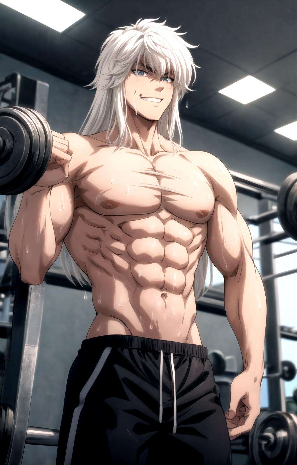 masterpiece, best quality, best aesthetic, anime, ultra detailed, dark schneider, 1boy, long white hair, muscular male, solo, pectorals, abs, (topless male:1.2), (black pants, sweatpants:1.2), cowboy shot, (weight, weightlifting:1.2), sweat, looking at viewer, indoors, (gym:1.2), smile, grin, fang, <lora:dark_schneider_BASTARD!!-10:1:0.8:lbw=OUTALL>, <lora:more_details:0.5>