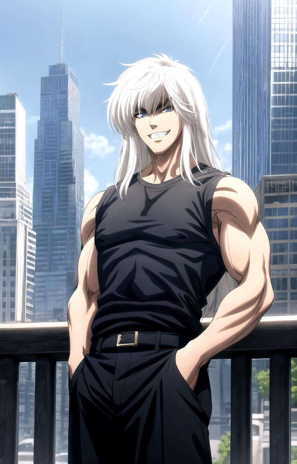 masterpiece, best quality, best aesthetic, anime, ultra detailed, dark schneider, 1boy, muscular male, solo, (black shirt, sleeveless shirt:1.2), black pants, belt, cowboy shot, looking at viewer, front view, outdoors, (city setting, buildings:1.1), smile, grin, fang, hands in pockets, <lora:dark_schneider_BASTARD!!-10:0.8:1:lbw=OUTALL>, <lora:more_details:0.5>