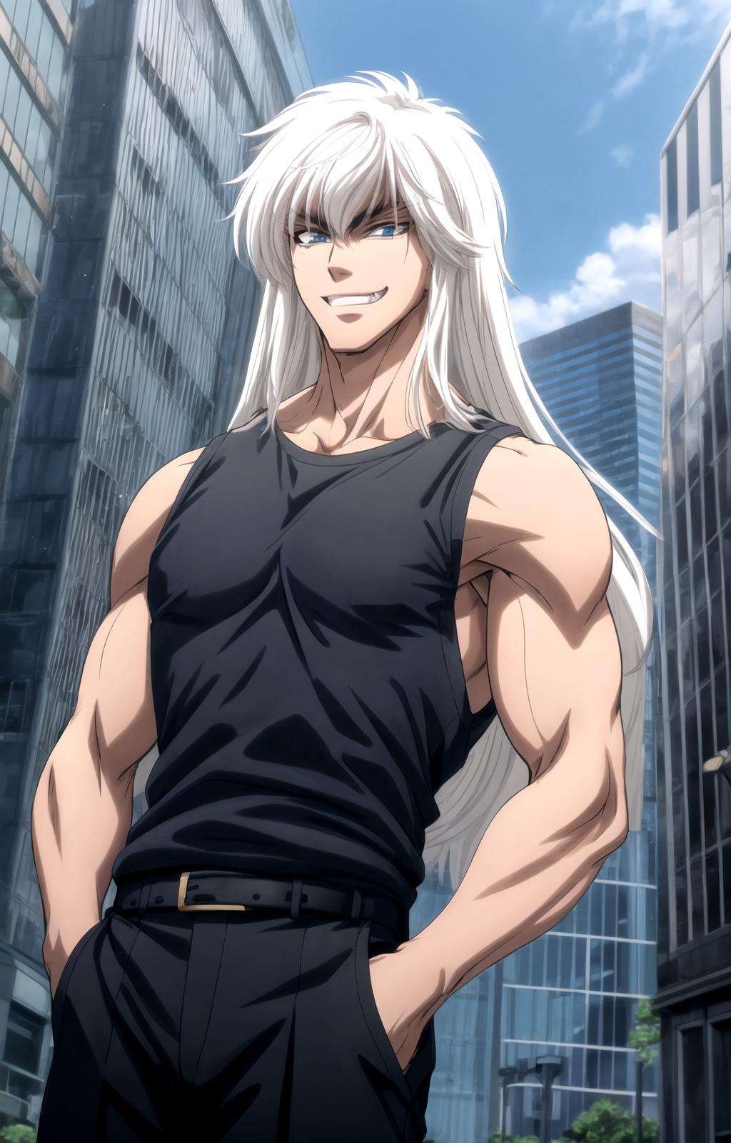 masterpiece, best quality, best aesthetic, anime, ultra detailed, dark schneider, 1boy, muscular male, solo, (black shirt, sleeveless shirt:1.2), black pants, belt, cowboy shot, looking at viewer, front view, outdoors, (city setting, buildings:1.1), smile, grin, fang, hands in pockets, <lora:dark_schneider_BASTARD!!-10:0.8:1:lbw=OUTALL>, <lora:more_details:0.5>