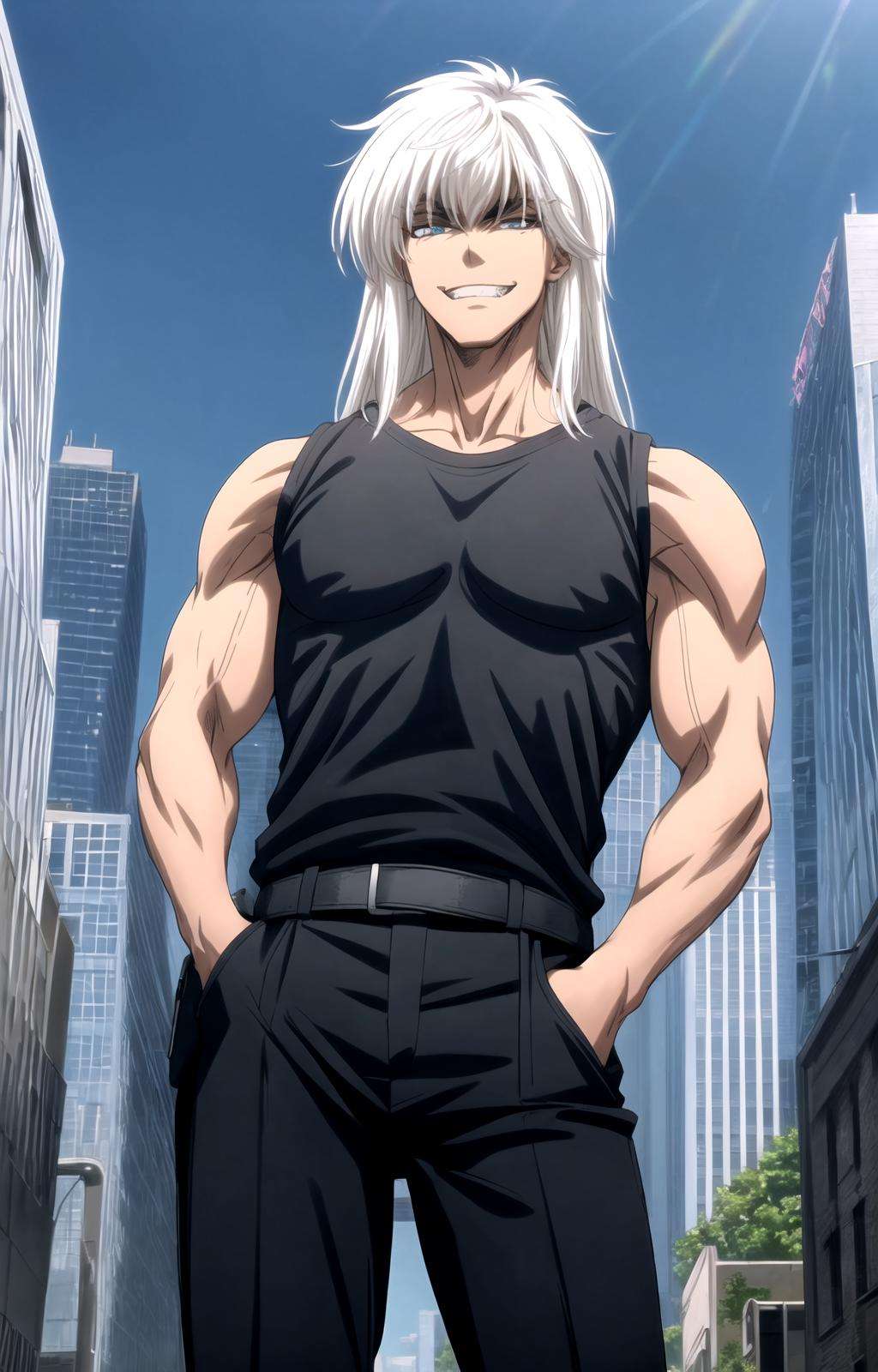 masterpiece, best quality, best aesthetic, anime, ultra detailed, dark schneider, 1boy, muscular male, solo, (black shirt, sleeveless shirt:1.2), black pants, belt, cowboy shot, looking at viewer, front view, outdoors, (city setting, buildings:1.1), smile, grin, fang, hands in pockets, <lora:dark_schneider_BASTARD!!-10:0.8:1:lbw=OUTALL>, <lora:more_details:0.5>