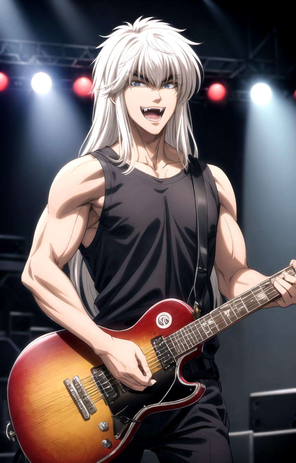 masterpiece, best quality, best aesthetic, anime, ultra detailed, dark schneider, 1boy, muscular male, solo, (black shirt, sleeveless shirt:1.2), black pants, headband, belt, cowboy shot, (holding, holding instrument, guitar:1.2), guitarist, looking at viewer, front view, outdoors, ( stage, stage lights, stage curtains:1.2), smile, open mouth, fangs, <lora:dark_schneider_BASTARD!!-10:1:0.8:lbw=OUTALL>, <lora:more_details:0.5>