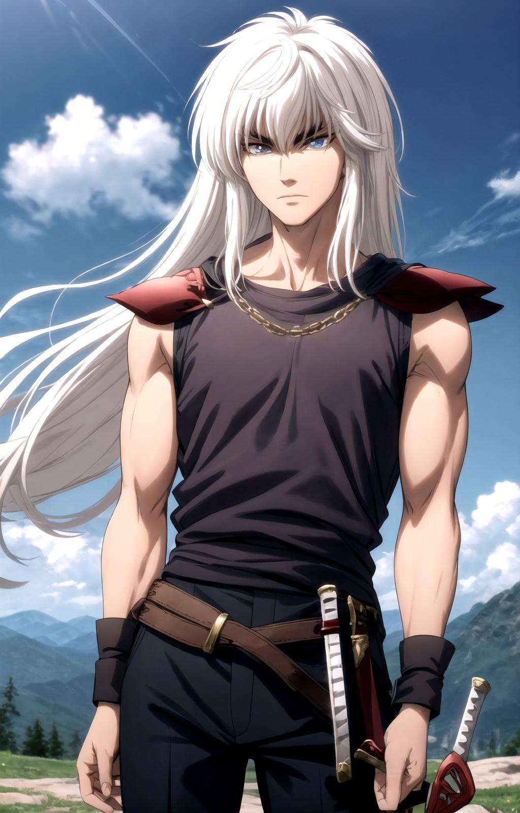 masterpiece, best quality, best aesthetic, anime, ultra detailed,dark schneider, long white hair, 1boy, muscular male, solo, armor, shoulder armor, sky, serious, cloud, belt, black pants, (brown shirt, sleeveless shirt:1.2), day, electricity, (aura:1.1), looking at viewer, cowboy shot, standing, arms at sides, outdoors, mountainous horizon, (holding weapon, wielding sword:1.2), (sword:1.2), <lora:dark_schneider_BASTRAD!!:0.8:1:lbw=OUTALL>, <lora:more_details:0.4>