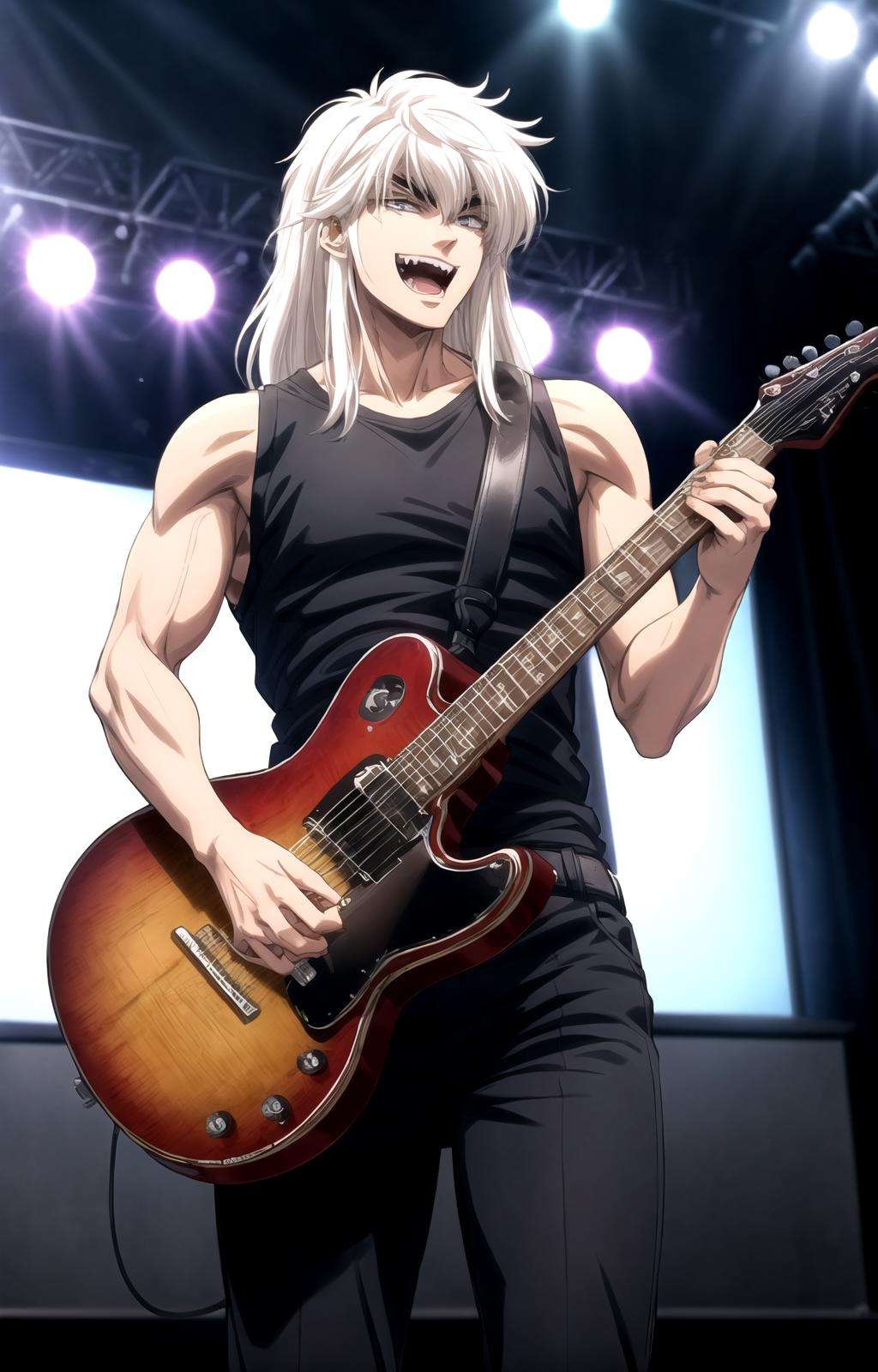 masterpiece, best quality, best aesthetic, anime, ultra detailed, dark schneider, 1boy, muscular male, solo, (black shirt, sleeveless shirt:1.2), black pants, headband, belt, cowboy shot, (holding, holding instrument, guitar:1.2), guitarist, looking at viewer, front view, outdoors, ( stage, stage lights, stage curtains:1.2), smile, open mouth, fangs, <lora:dark_schneider_BASTARD!!-10:1:0.8:lbw=OUTALL>, <lora:more_details:0.5>