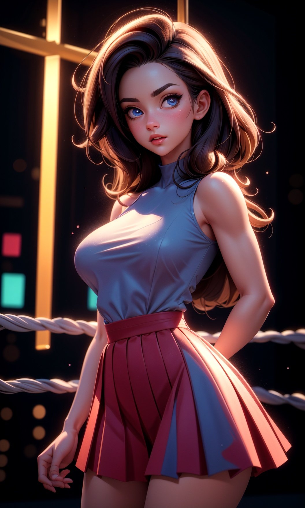 boxing woman in (long) pleated skirt, long hair, high detailed face, beautiful high detailed eyes, full body, parted_lips, realistic, cinematic lighting, background has magenta color ,bright mood, bokeh, gym, detailed texture, highlight, vivid color, strong light_contrast, finely detailed skin, sharp focus, cinematic lighting, masterpiece, 4k, best quality, (skinny waist:1.3), sexy breasts, massive breasts, huge hip, navel
masterpiece, best quality, realistic, hyperresolution, sharp focus, absurdres, good anatomy, closeup, ultra detailed, ultra resolution, particles, magical filter, lens_flare effect, (detailed face:1.2)