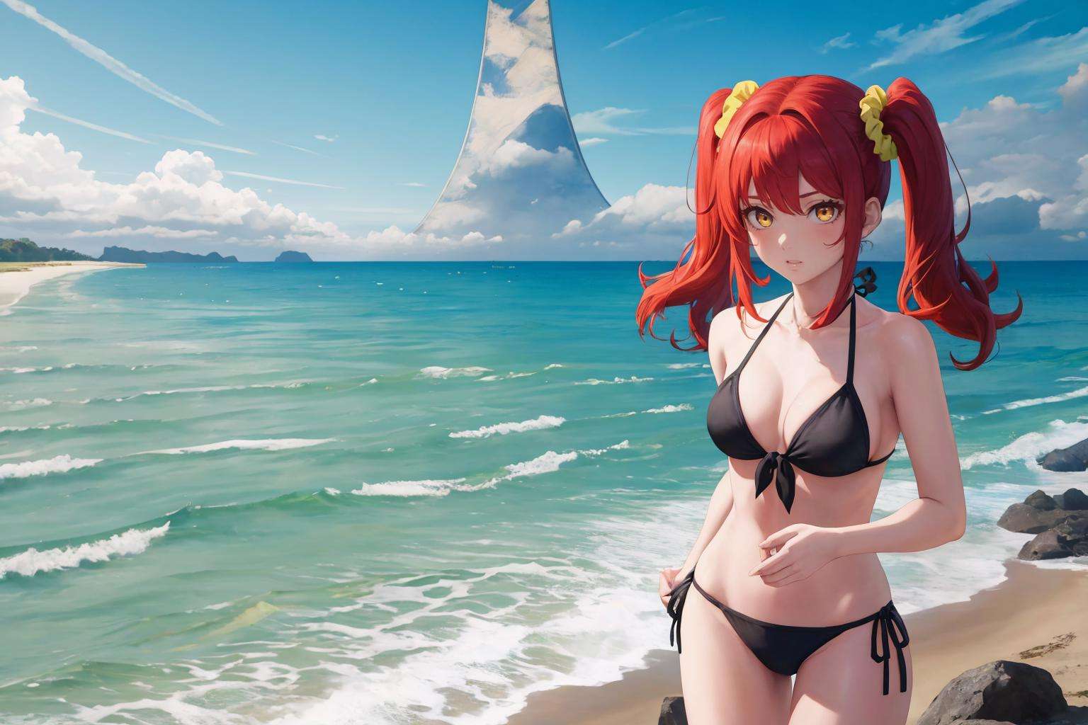 masterpiece, best quality, bghaloring, <lora:haloring-halo-richy-v1:1> horizon, cloud, ocean, beach, 1girl, solo, standing, side-tie bikini bottom, red hair, twin tails, yellow eyes, very long hair, hair scrunchie, 