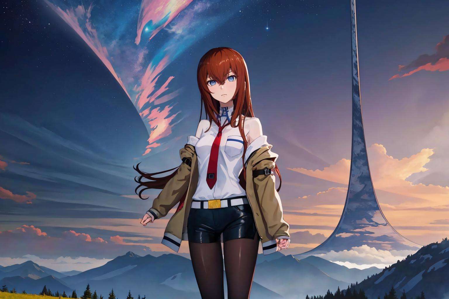 masterpiece, best quality,  bghaloring, 1girl, solo, standing, scenery, vista, blurry background, looking at viewer, rule of thirds, <lora:haloring-halo-richy-v1:1> <lora:steinsgate_makise-10:1> makise kurisu, jacket, off shoulder, collared shirt, red necktie, black shorts, pantyhose, legwear under shorts, mountainous horizon, cloud, starry sky, nebula