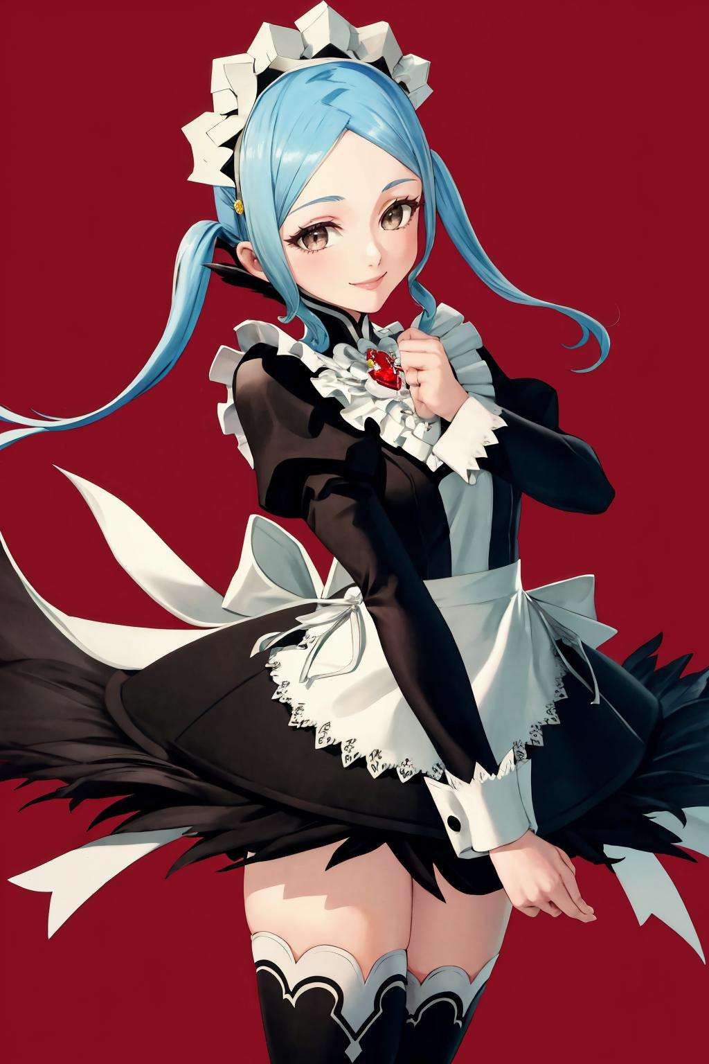 masterpiece, best quality, 1girl, solo, <lora:flora-fe-richy-v1:1> floradef, maid, maid headdress, maid apron, black thighhighs, zettai ryouiki, smile, looking at viewer,