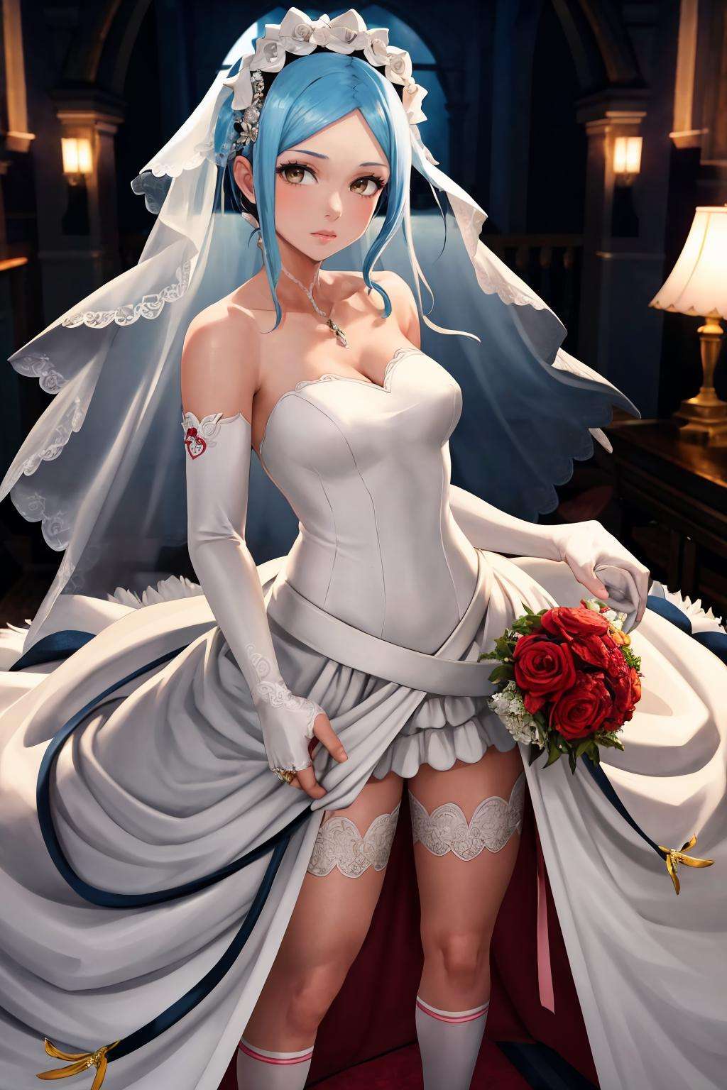 masterpiece, best quality, 1girl, solo, <lora:flora-fe-richy-v1:1> florarnd, standing, wedding dress, bridal veil, wedding, bride, bridal gauntlets, bridal garter, bridal legwear, looking at viewer