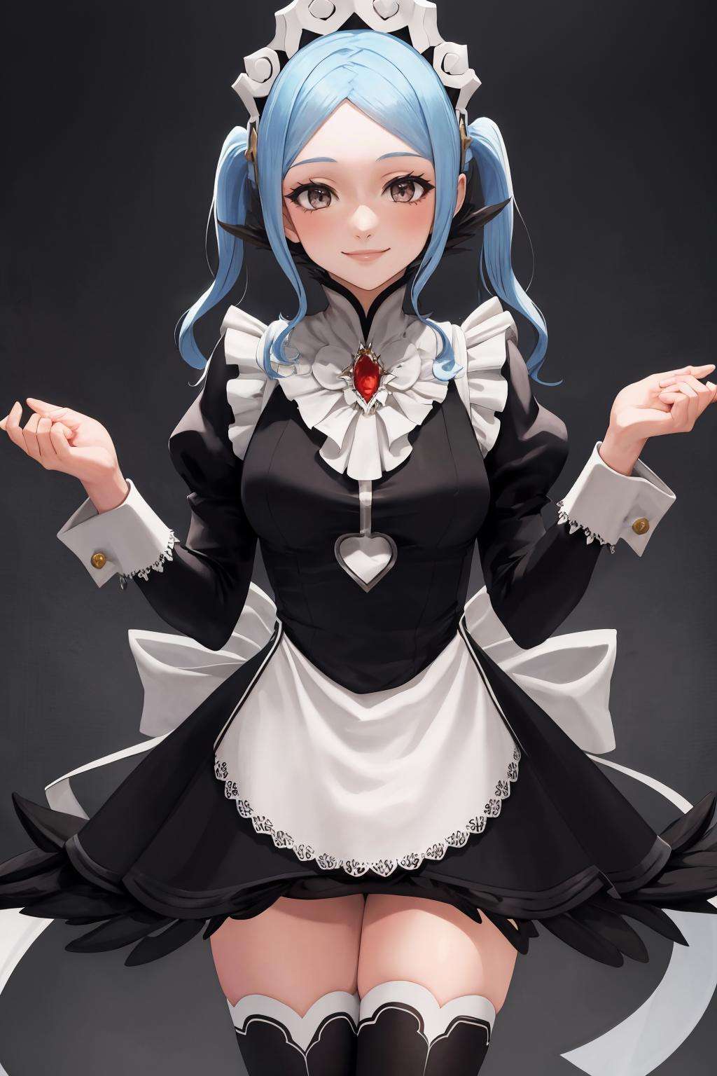 masterpiece, best quality, 1girl, solo, <lora:flora-fe-richy-v1:1> floradef, maid, maid headdress, black thighhighs, standing, smile