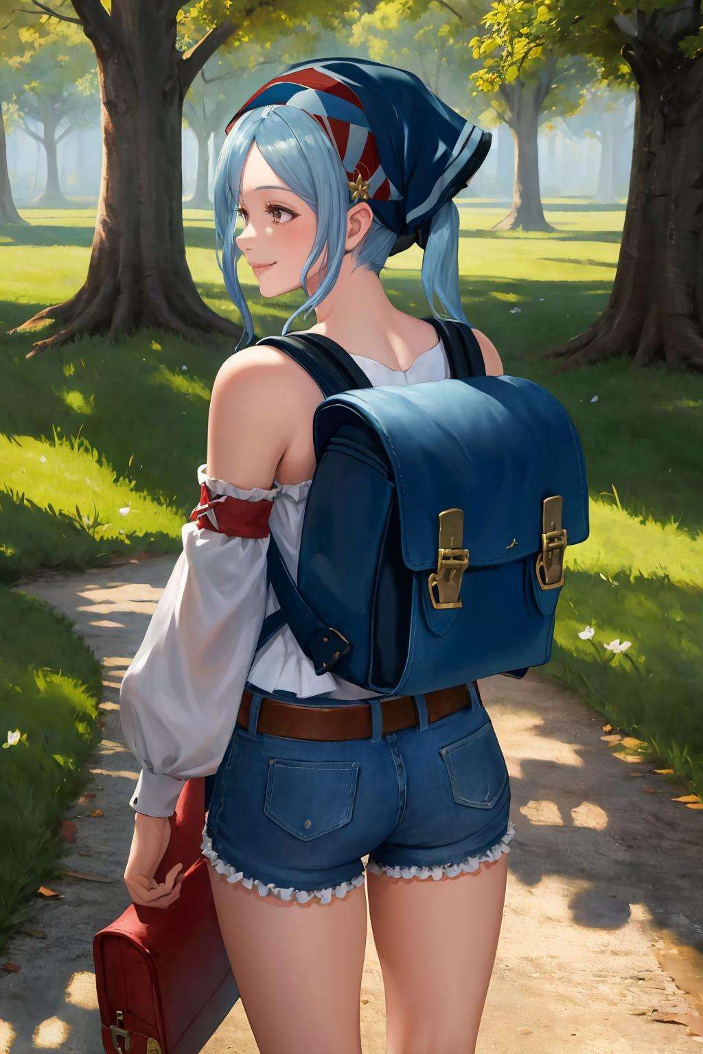 masterpiece, best quality, 1girl, solo, <lora:flora-fe-richy-v1:1> florapicnic, bandana, standing, long legs, smile, backpack, from behind, detached sleeves