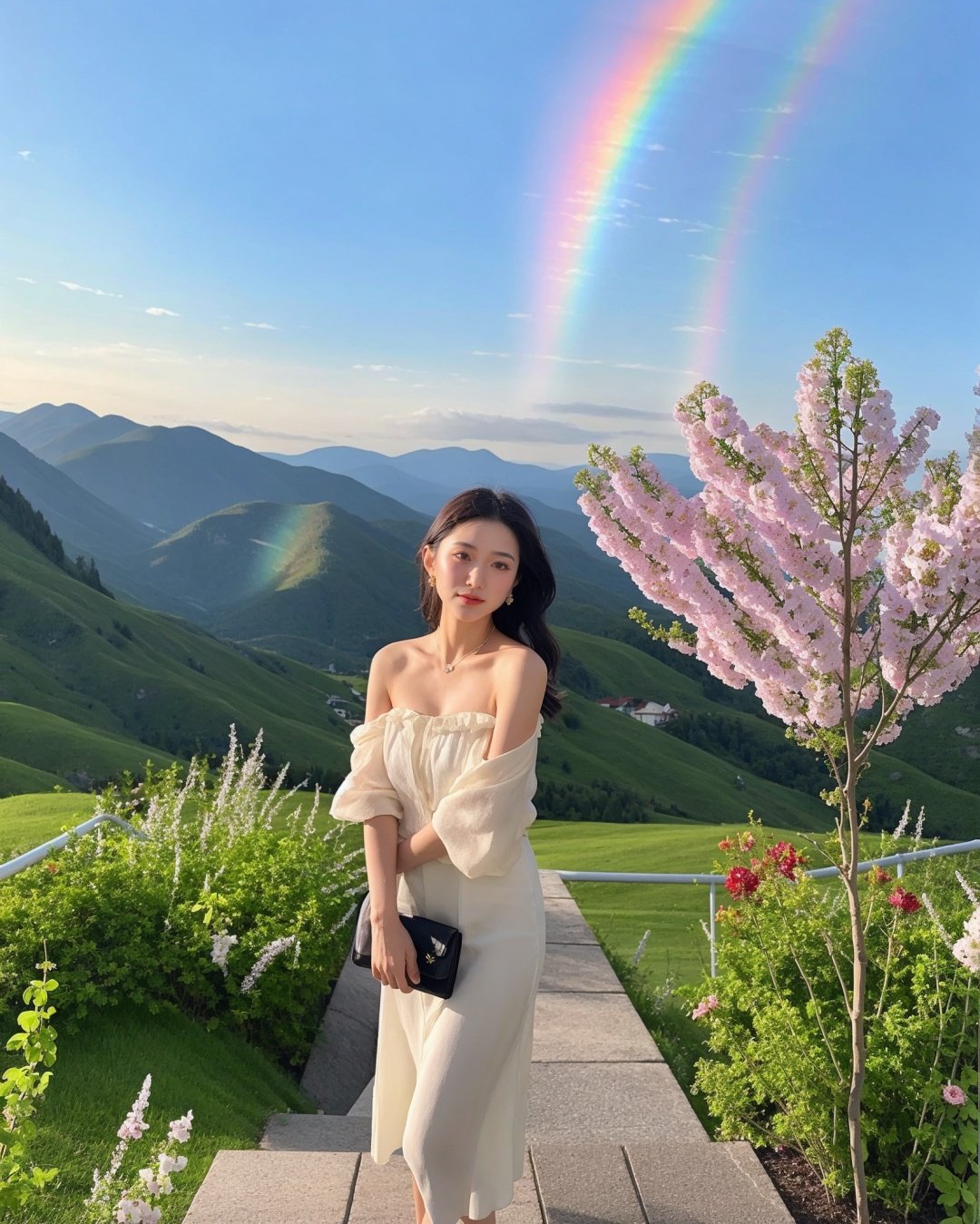  holiday,woman,above the chest,In the picturesque Jiangcheng, the mountains dawn and the clear sky. Rainwater mixed with mirrors, double bridges falling with rainbows, pale pear blossom surface, light willow waist with delicate flowers shining on the water, and actions like weak willows supporting the wind,photo-realistic