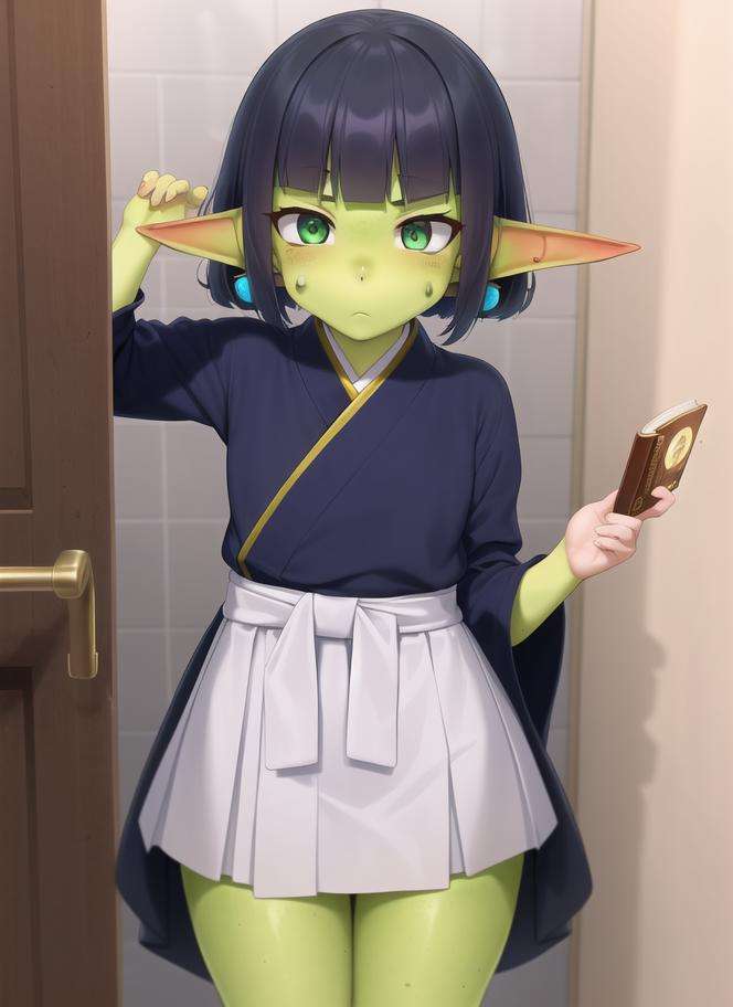 <lora:gobLora:1> solo, (gobGirlz:1.3), (green skin:1.2), bathroom, double vertical stripe Hanbok, Storybook illustration, ojou-sama pose, detailed, textured