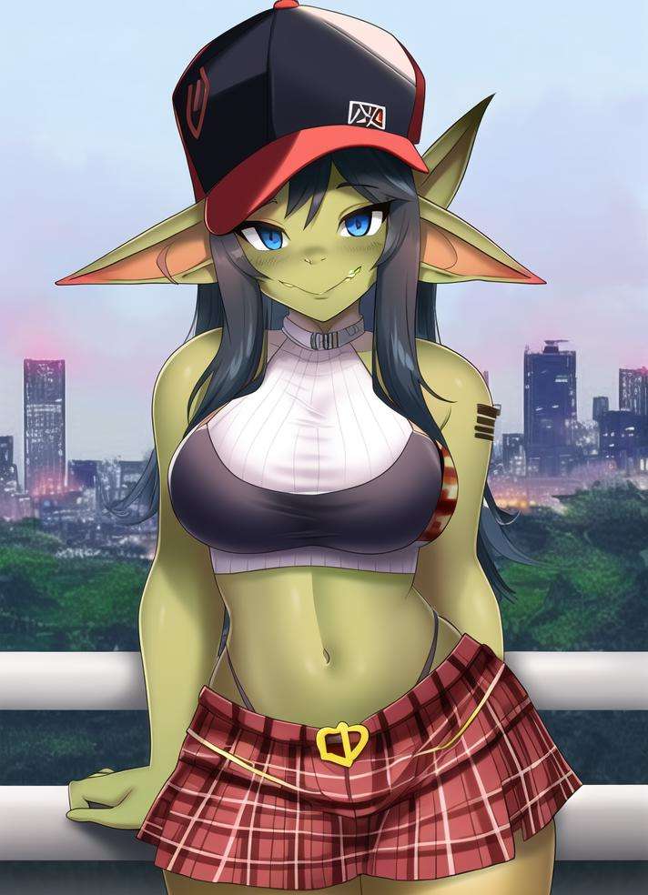 <lora:gobLora:1> solo, (gobGirlz:1.3), city background, plaid / tartan Halter Top , lineart, weighted lines