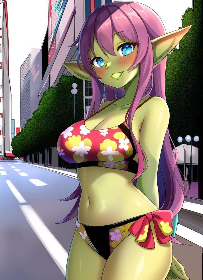 <lora:gobLora:1> solo, (gobGirlz:1.3), city background, floral print tankini , lineart, weighted lines