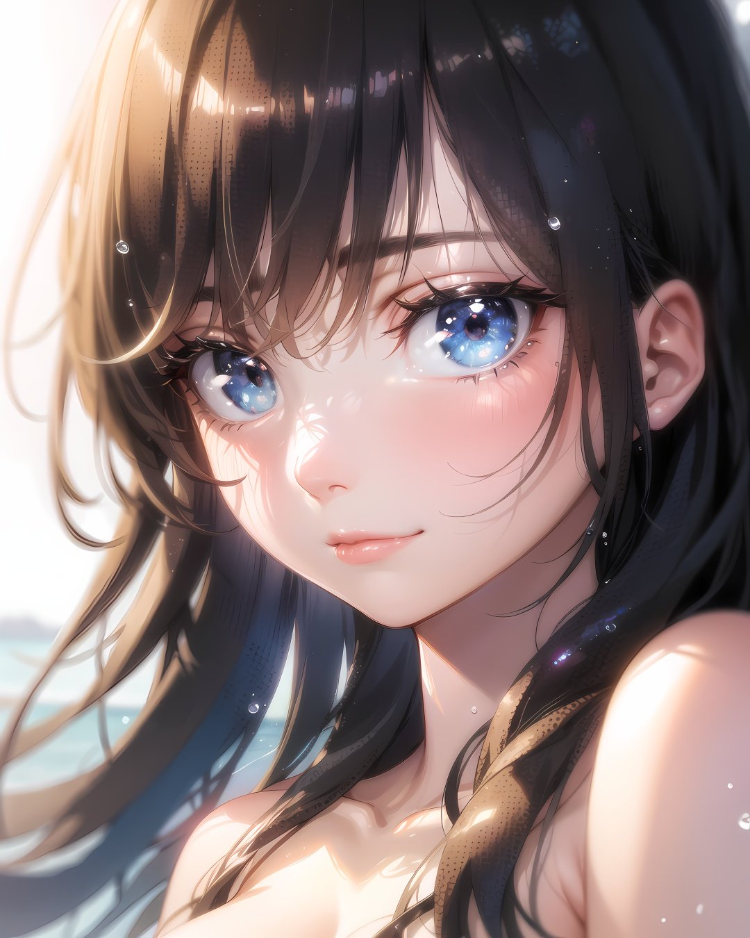 (masterpiece:1,2), best quality, masterpiece, highres, original, extremely detailed wallpaper, perfect lighting,(extremely detailed CG:1.2), light_line,water,water drop, gorgeous,multiple_colors,,sunlight, galaxy,realistic, 1girl, upper body, <lora:shine eyes01:0.5>,blue eyes,  purple eyes, multiple_colors_eyes,+ +, closed mouth, 