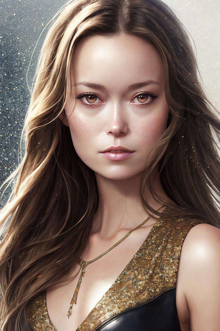 photo of (sumgl4u), a woman, photorealistic painting, (full body) portrait, stunningly attractive, at a (music festival:1.2), ((highly detailed face)), (glitter freckles), glitter, wearing a floral dress, intricate, 8k, highly detailed, volumetric lighting, digital painting, intense, sharp focus, art by artgerm and rutkowski and alphonse mucha, cgsociety, ((detailed eyes)), (leather belt:1.1), (dark brown eyes:1.1)