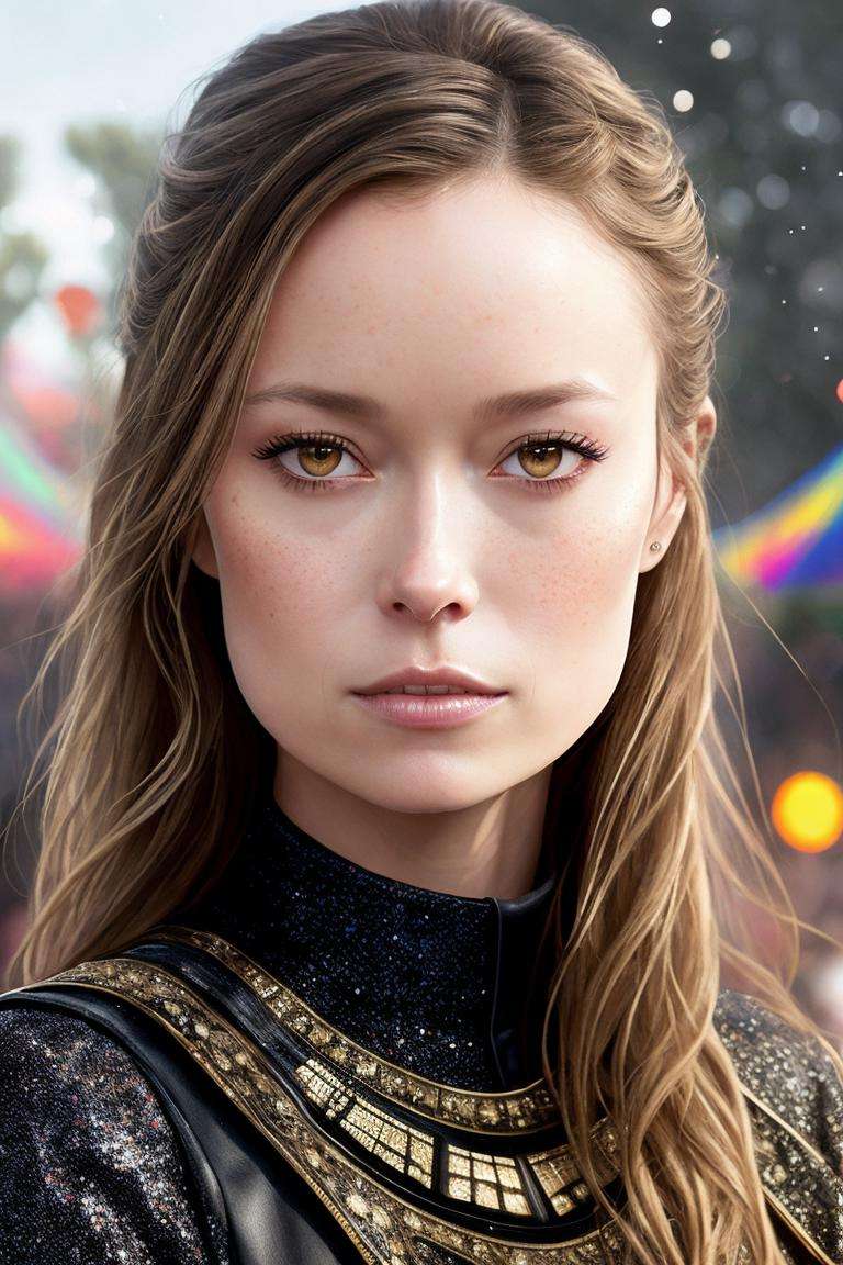 photo of (sumgl4u), a woman, photorealistic painting, (full body) portrait, stunningly attractive, at a (music festival:1.2), ((highly detailed face)), (glitter freckles), glitter, wearing a floral dress, intricate, 8k, highly detailed, volumetric lighting, digital painting, intense, sharp focus, art by artgerm and rutkowski and alphonse mucha, cgsociety, ((detailed eyes)), (leather belt:1.1)