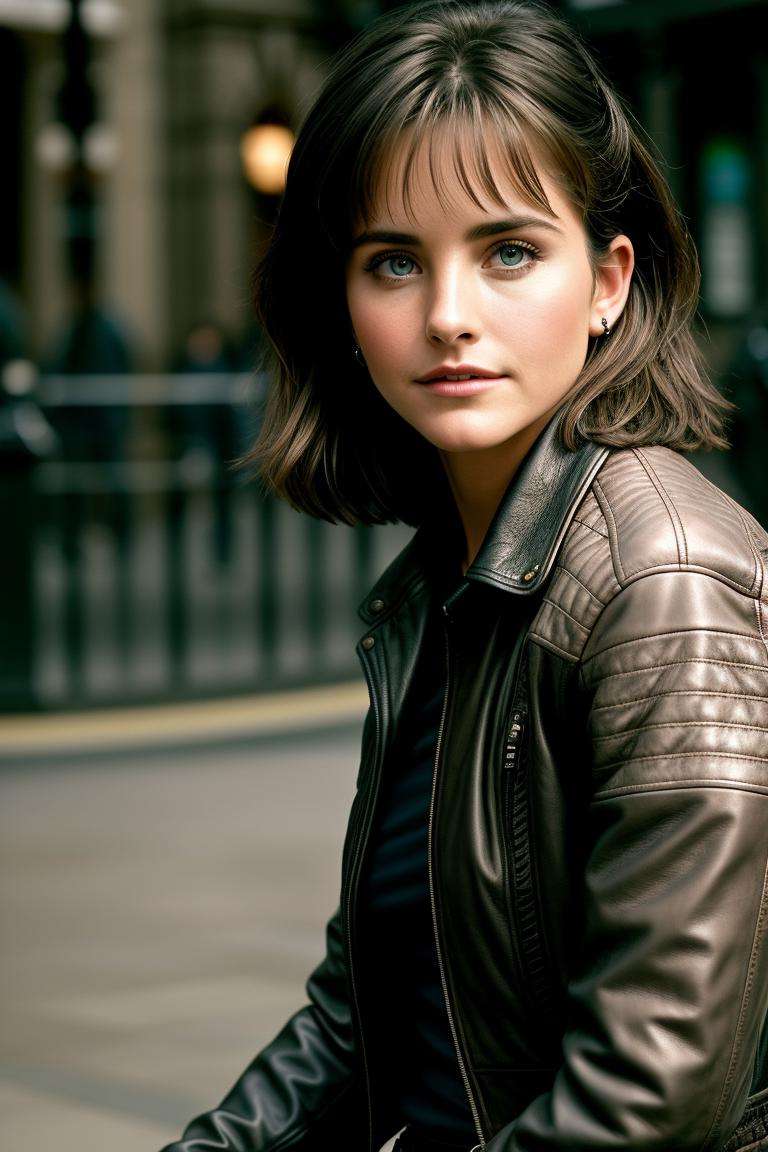 beautiful woman (c0urt400:.99), beautiful short hair, ((closeup portrait)), ((face focus)), (((London))), natural skin texture, ((leather jacket, white long sleeve top, and straight-leg pants :1.2)), 24mm, 4k textures, soft cinematic light, adobe lightroom, photolab, hdr, intricate, elegant, highly detailed, sharp focus, ((((cinematic look)))), soothing tones, insane details, intricate details, hyperdetailed, low contrast, soft cinematic light, exposure blend, hdr, faded