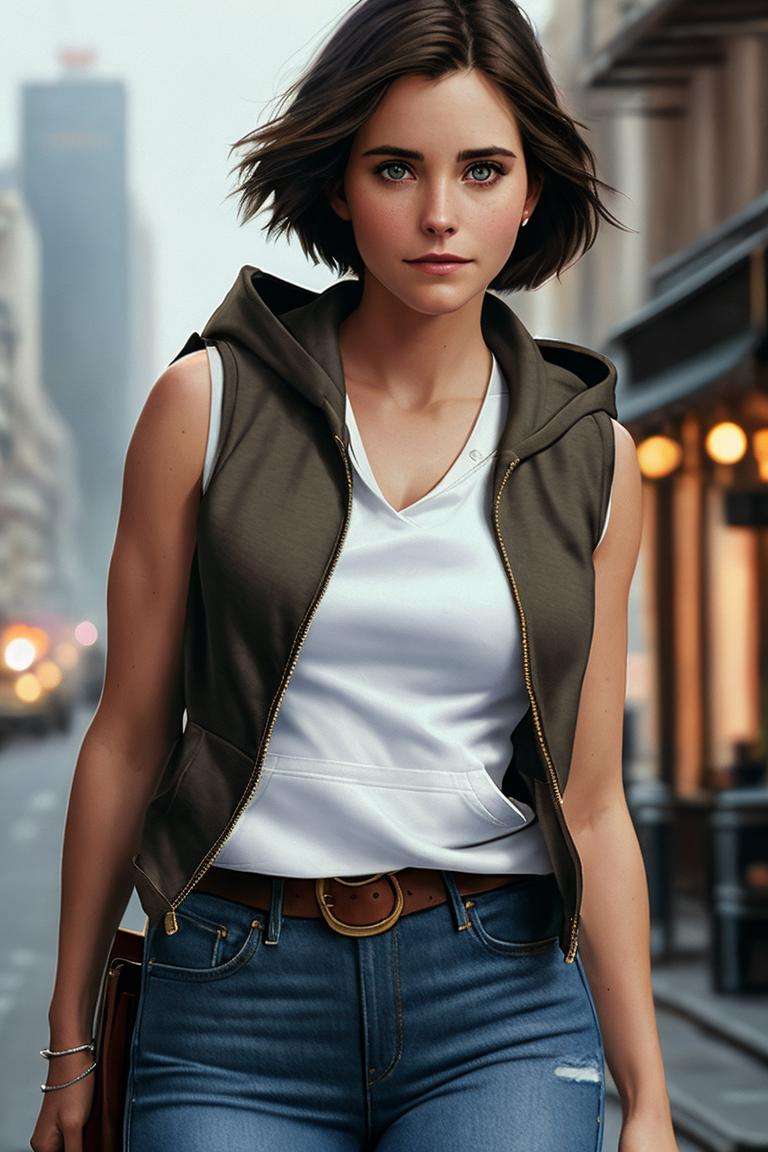 photo of (c0urt400:0.99), a woman (wearing a denim hoodie:1.2), (wearing a sleeveless white top:1.3), (short hair), modelshoot style, (extremely detailed CG unity 8k wallpaper), photo of the most beautiful artwork in the world, professional majestic oil painting by Ed Blinkey, Atey Ghailan, Studio Ghibli, by Jeremy Mann, Greg Manchess, Antonio Moro, trending on ArtStation, trending on CGSociety, Intricate, High Detail, Sharp focus, dramatic, photorealistic painting art by midjourney and greg rutkowski, leather belt, (walking down the street), (looking at viewer), (detailed eyes:1.2), closeup