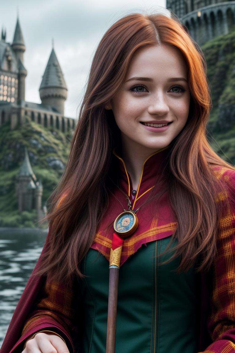 photo of seductive (b0nniewr1ght-140:0.99), a woman as a sexy wizard, (sexy Gryffindor wizard costume), (closeup portrait), (Hogwarts castle in the background), (masterpiece realistic photography:1.2) (bokeh) (best quality) (detailed skin texture pores hairs:1.1) (intricate) (8k) (HDR) (wallpaper) (cinematic lighting) (sharp focus), eyeliner, painted lips, (vivid atmosphere), (holding a magic wand), (smiling:1.2), (looking at the camera:1.1), (sunny day)