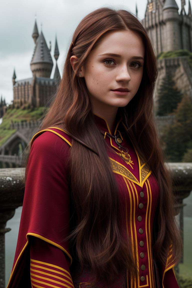 photo of seductive (b0nniewr1ght-140:0.99), a woman as a sexy wizard, trendy hairstyle, (sexy Gryffindor wizard costume), (closeup portrait), (Hogwarts castle in the background), (masterpiece realistic photography:1.2) (bokeh) (best quality) (detailed skin texture pores hairs:1.1) (intricate) (8k) (HDR) (wallpaper) (cinematic lighting) (sharp focus), eyeliner, painted lips, (vivid atmosphere), (holding a magic wand), (looking at the camera:1.1), (sexy waist:1.2)