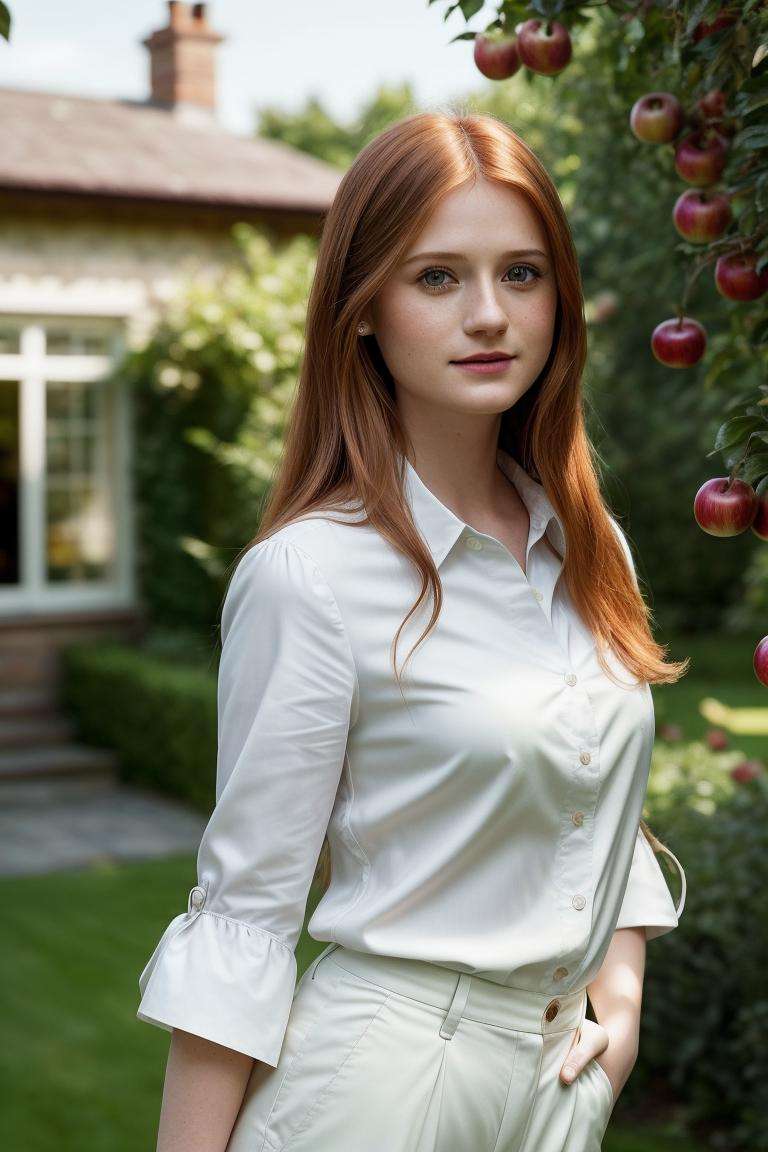 photo of seductive (b0nniewr1ght-140:0.99), a woman as a sexy housewife, (closeup portrait), (buttoned up shirt:1.1), in a (garden with a house in the background), (long trousers), (masterpiece:1.5) (photorealistic:1.1) (bokeh) (best quality) (detailed skin texture pores hairs:1.2) (intricate) (8k) (HDR) (wallpaper) (cinematic lighting) (sharp focus), (vivid atmosphere), (face focus), (apple trees), (red lips), (smiling:1.1)