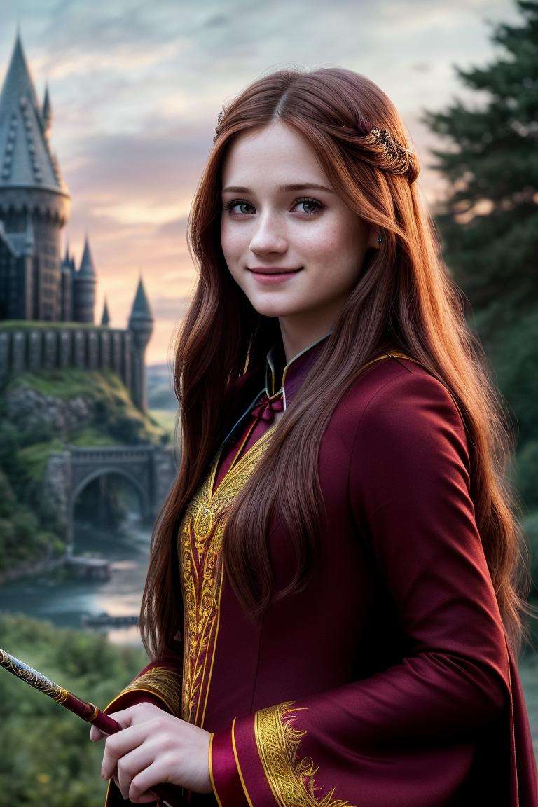 photo of seductive (b0nniewr1ght-140:0.99), a woman as a sexy wizard, closeup portrait, (Gryffindor wizard costume), (Hogwarts castle in the background), (masterpiece realistic photography:1.2) (bokeh) (best quality) (detailed skin texture pores hairs:1.1) (intricate) (8k) (HDR) (wallpaper) (cinematic lighting) (sharp focus), eyeliner, painted lips, (vivid atmosphere), (holding a magic wand in her hand:1.2), (smiling:1.2)