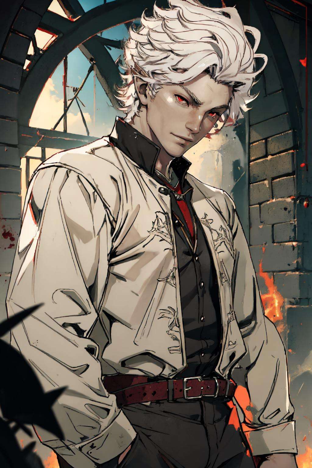 AstarionNewBG, 1boy, red eyes, white hair, cowboy shot, <lora:AstarionNewBG:0.7>