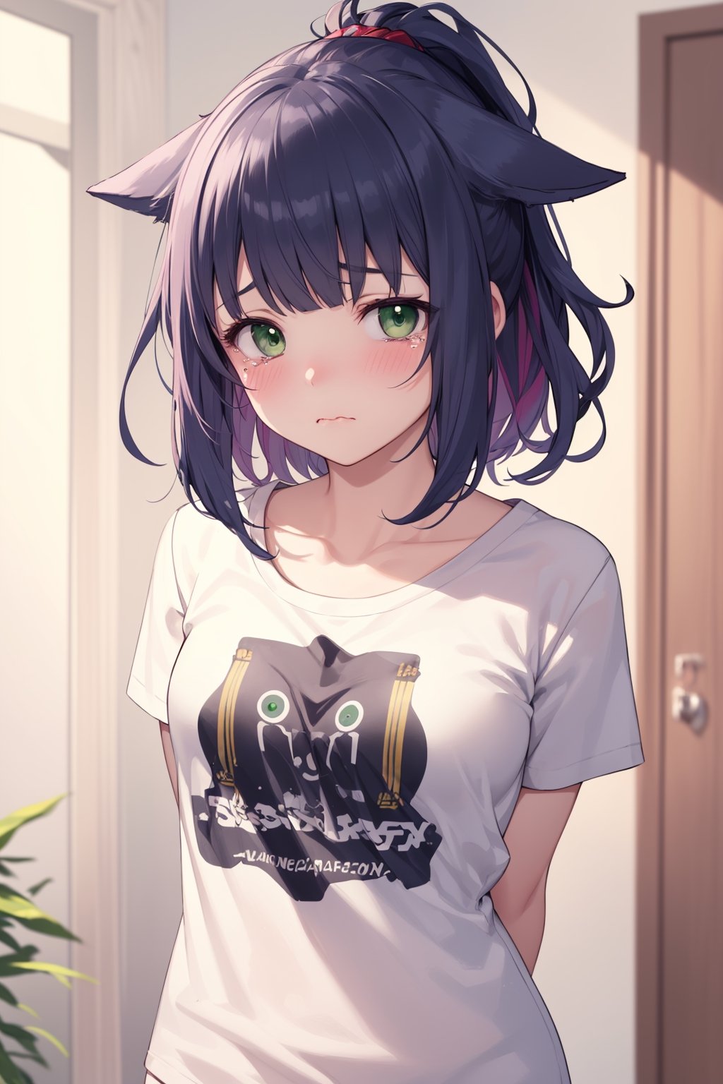 1girl, masterpiece, best quality, sad face, green eyes, glassy eyes, tears, arms behind back, blush, looking at viewer, trembling, wavy mouth, t-shirt, jessdef
