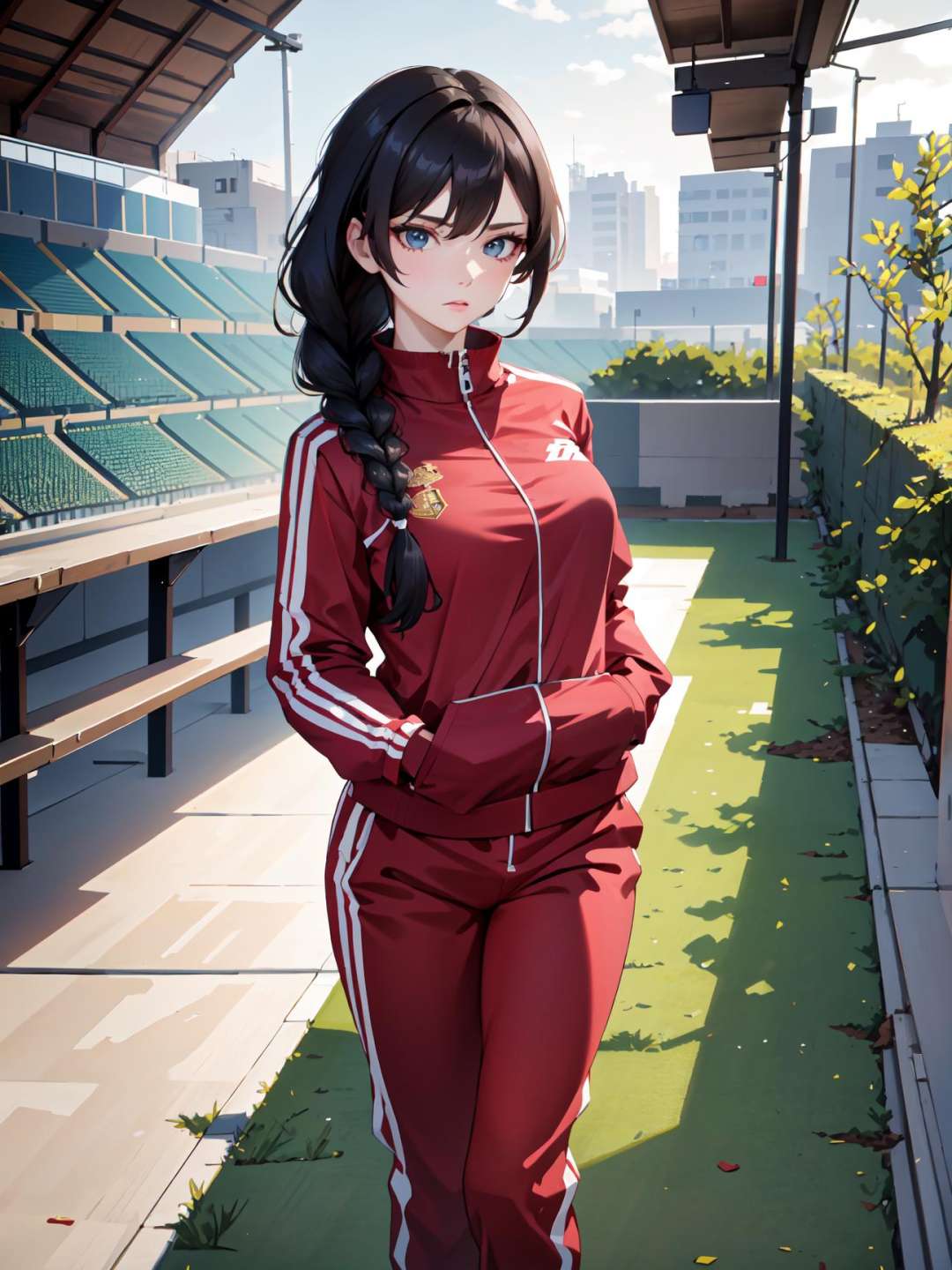 8k, masterpiece, highly detailed, beautiful woman, (single braid), <lora:single_braid-1.0:0.8>, track suit, sports field