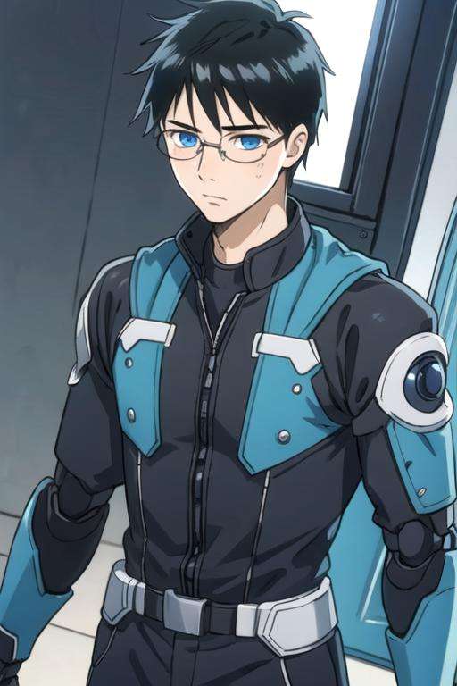 masterpiece, best quality, wallpaper, 1boy, solo, male focus, looking at viewer, , , <lora:arata_wataya:0.70>, arata_wataya, black hair, blue eyes, glasses, robot costume, ,