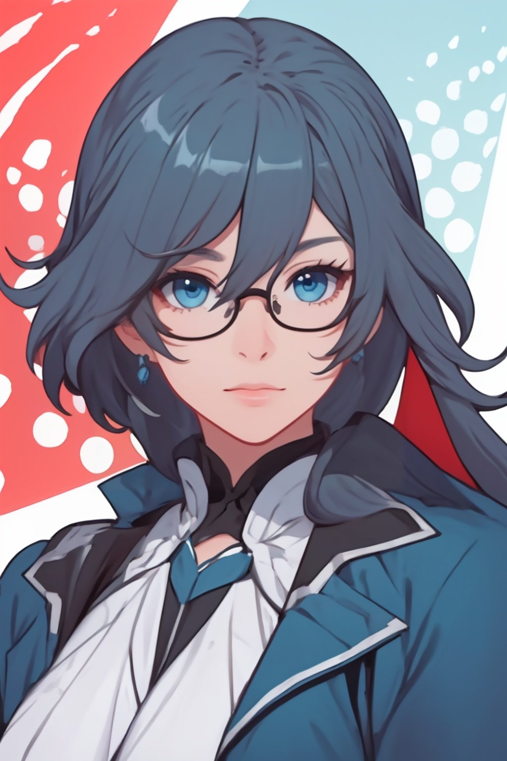 (masterpiece:1.3), (the best quality:1.2), (super fine illustrations:1.2), (Masterpiece), high quality, high detail,((white background:1.2)), looking at viewer, (SOLO:1.4),outline,,simple background,  blue eyes, glasses, hair between eyes, fu hua, long hair, bangs, blue jacket, chinese clothes