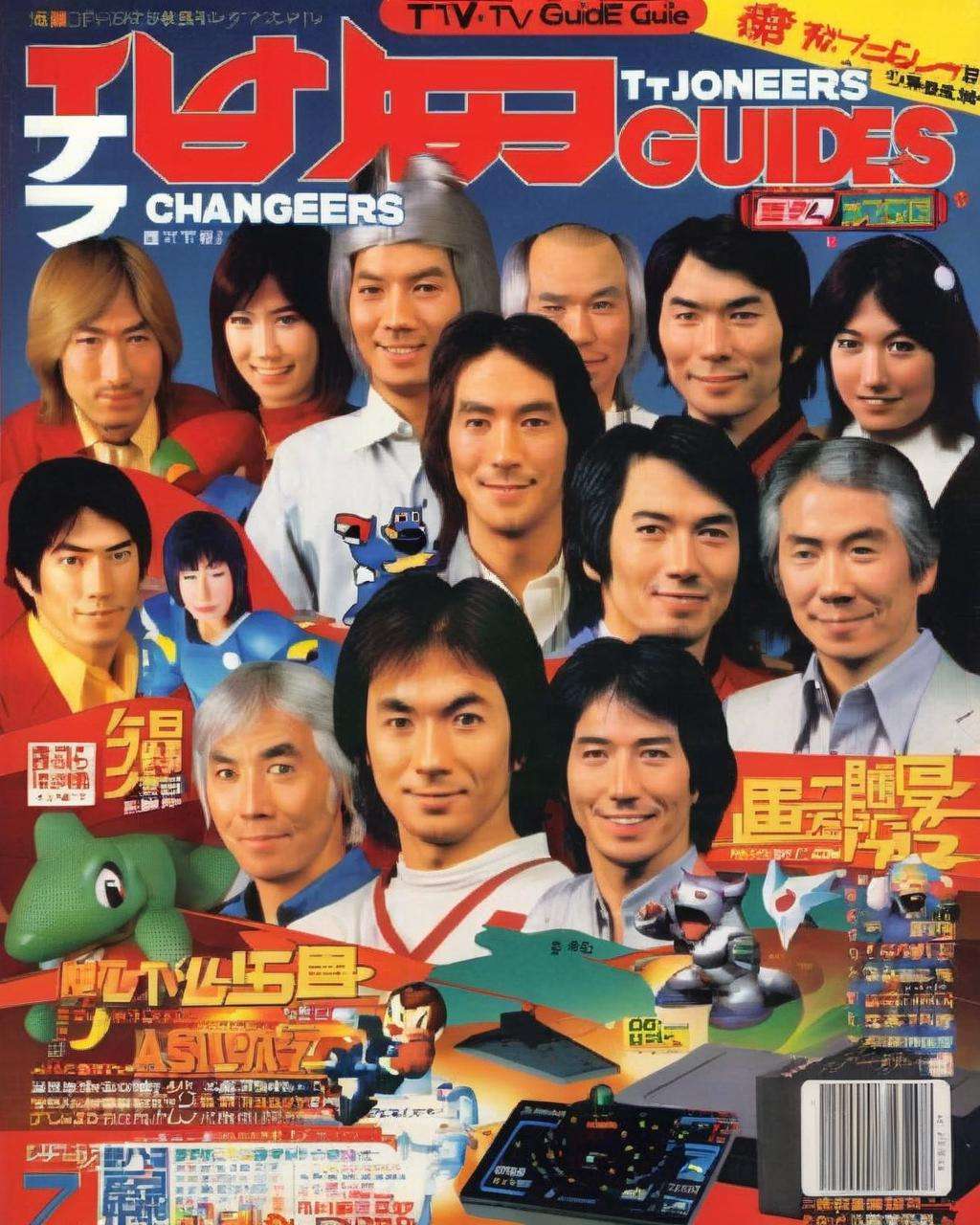 Game Changers: TV Guide cover featuring the pioneers of Japanese video gaming, including Shigeru Miyamoto and Yuji Naka, promising a glimpse into the gaming industry's early days, gaming pioneers:0.8, industry insight:0.7, early days:0.7, visionary:0.6, innovation:0.6.<lora:Retro_Magazine:1.0>