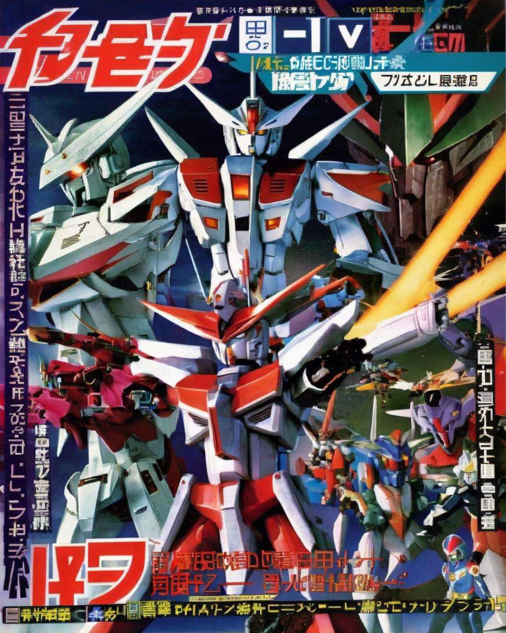 Mecha Madness: TV Guide cover highlighting iconic mecha anime series like "Macross" and "Mobile Suit Gundam," immersing readers in the world of giant robots and interstellar battles, mecha:0.7, sci-fi:0.5, epic battles:0.6, futuristic:0.4, action-packed:0.6.<lora:Retro_Magazine:1.0>